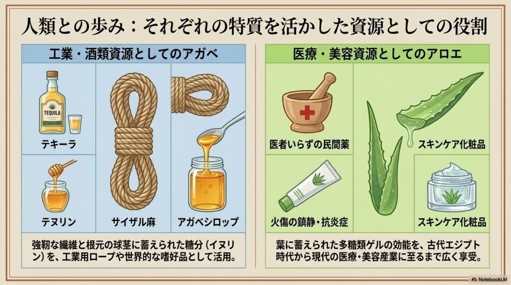 テキーラやサイザル麻となるアガベと、火傷薬や化粧品に使われるアロエの用途比較