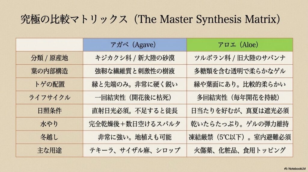 アガベとアロエの分類、特徴、育て方、用途をまとめた究極の比較マトリックス表