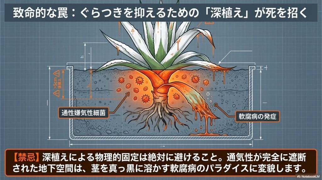 アガベの深植えによって通気性が遮断され軟腐病が発症するメカニズム