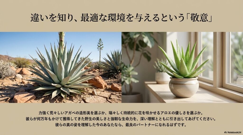 自生地の過酷な砂漠で育つ力強いアガベと室内の窓辺で育てられるアロエの対比写真