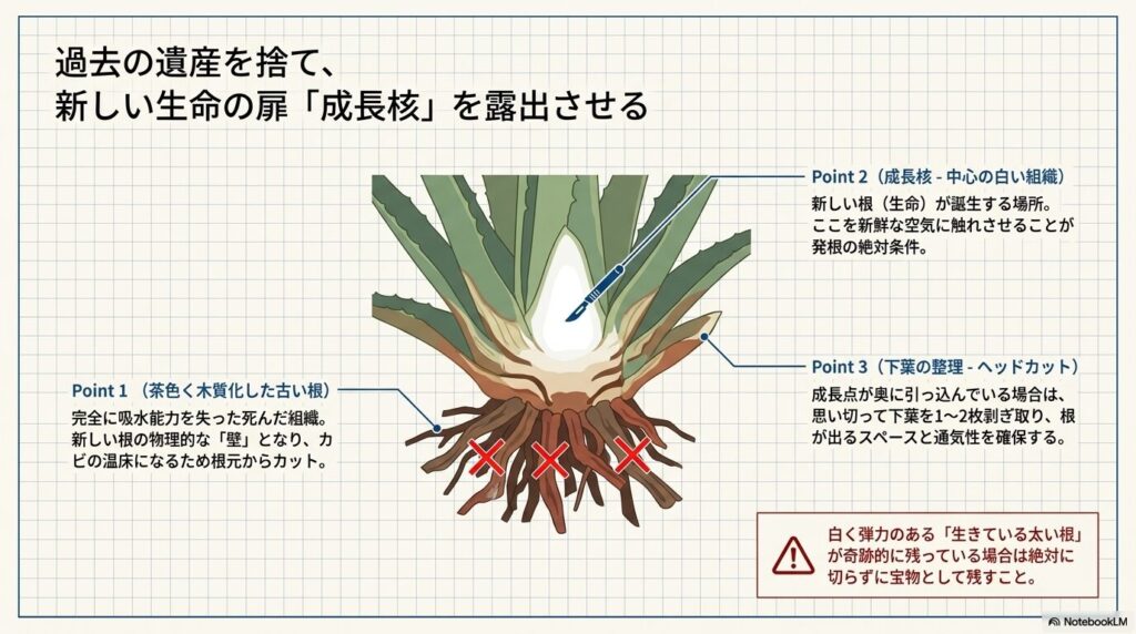 アガベの古い根をカットし、中心の白い成長核を露出させる下処理の手順