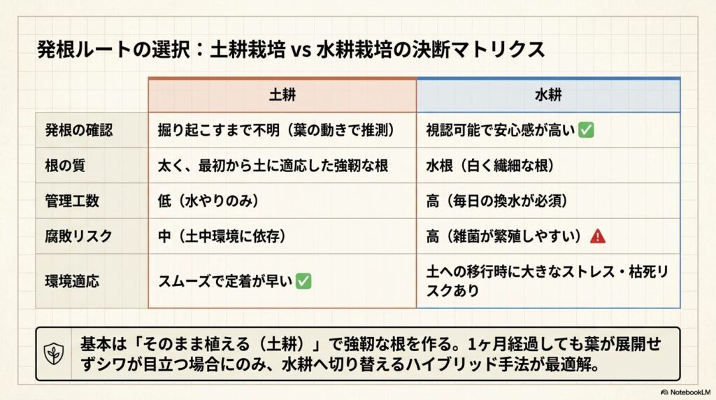 アガベのベアルートをそのまま植える土耕栽培と水耕栽培のメリット・デメリット比較表