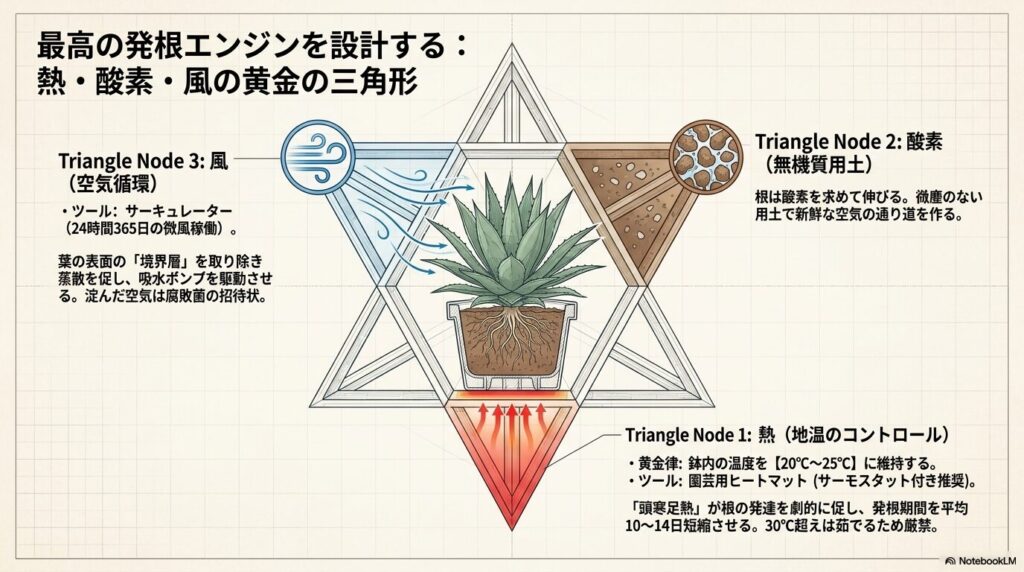 アガベの発根を促進する熱（ヒートマット）、酸素（無機質用土）、風（サーキュレーター）の黄金の三角形