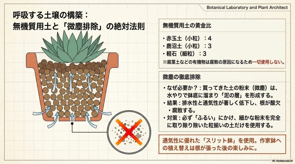 赤玉土、鹿沼土、軽石を配合した無機質用土と、ふるいにかけて微塵を排除する理由