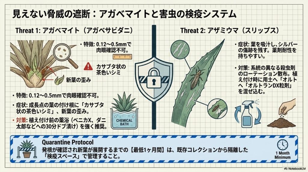目に見えないアガベマイトやアザミウマの特徴と、植え付け前の薬浴や検疫による対策