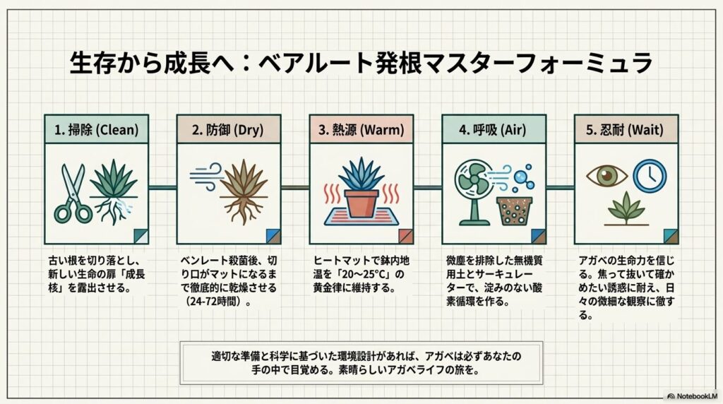 アガベのベアルート発根を成功させる「掃除・防御・熱源・呼吸・忍耐」の5つのステップアイコン