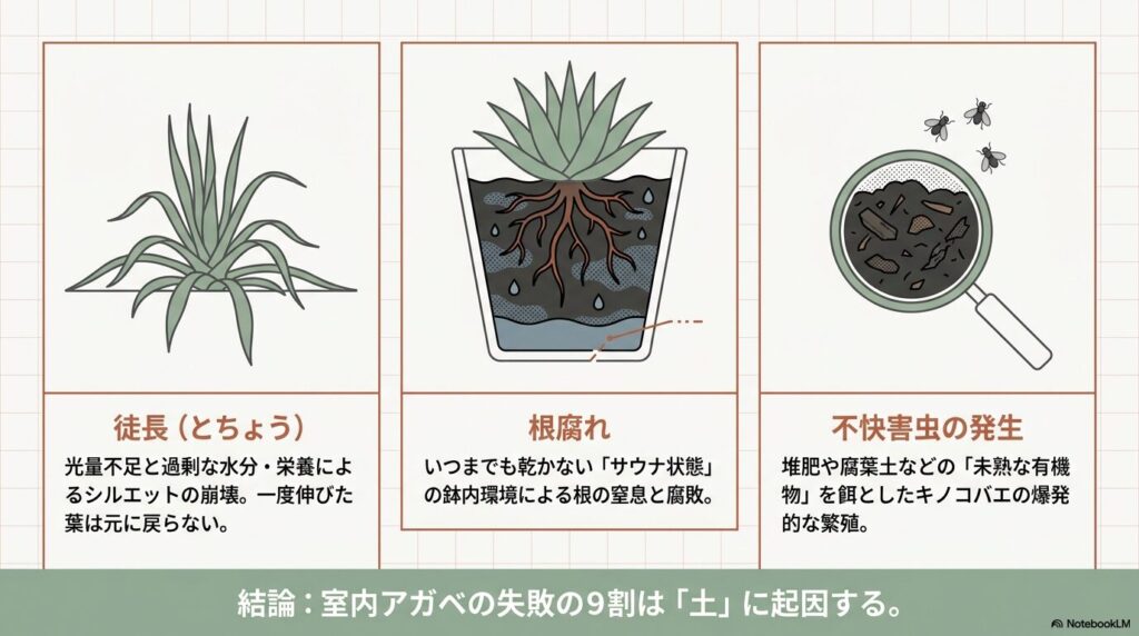 徒長や根腐れ、不快害虫の発生などアガベ室内栽培の失敗原因を示すイラスト
