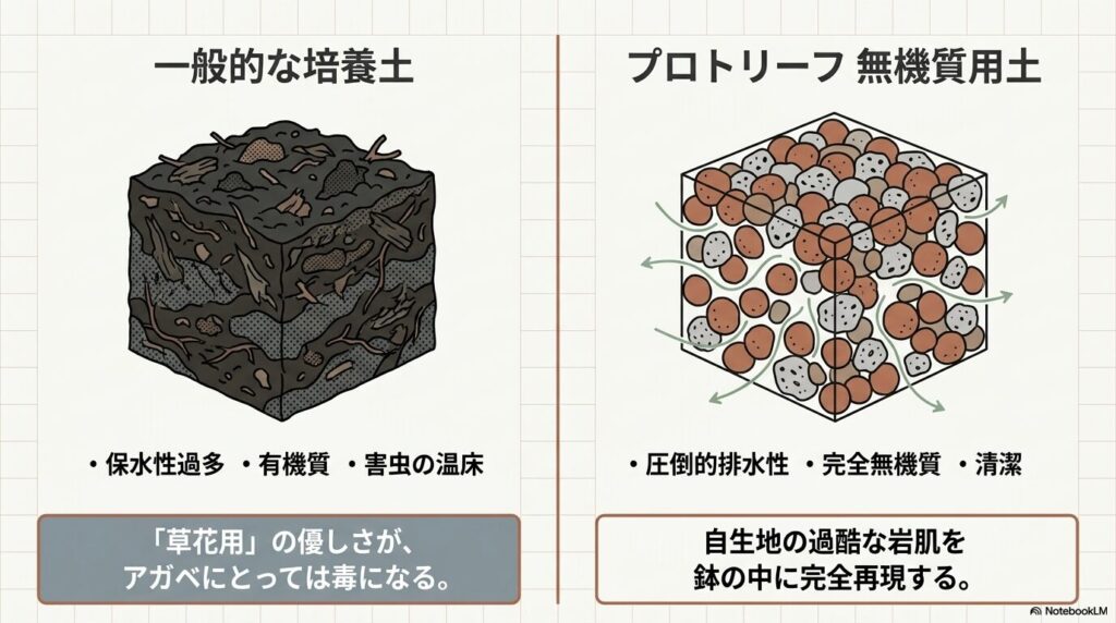 有機質を含む一般的な培養土とプロトリーフ完全無機質用土の断面比較イラスト