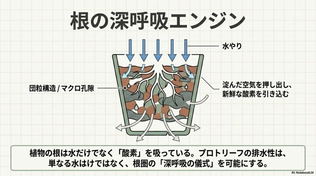 水やりによって鉢内の澱んだ空気が押し出され、新鮮な酸素が引き込まれる団粒構造のメカニズム図