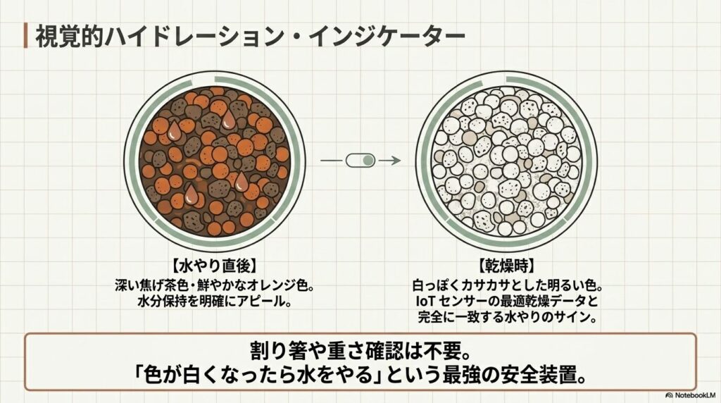水やり直後の濃い茶色の土と乾燥時の白っぽく変色した土の比較イラスト