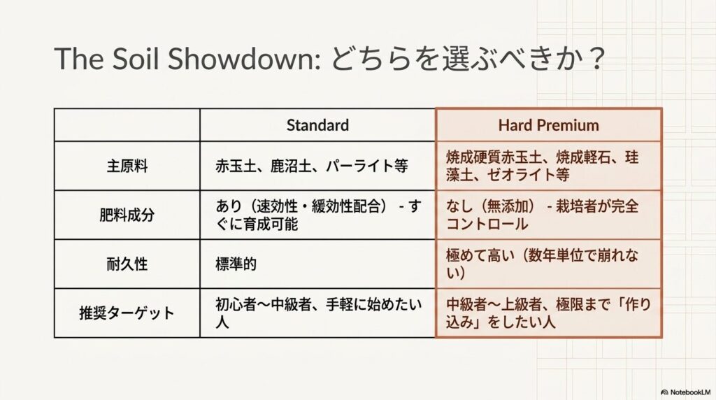 プロトリーフのスタンダード用土と硬質プレミアム用土の成分や耐久性を比較した表