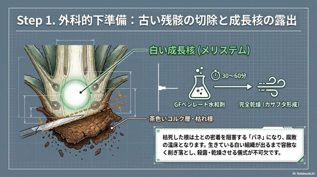 アガベの古い枯れ根を切除し、白い成長核(メリステム)を露出させて殺菌する手順