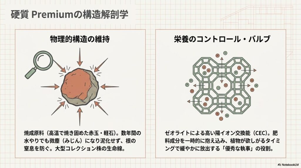 ゼオライトによる陽イオン交換能と高温で焼き固められた硬質プレミアムの構造解剖図