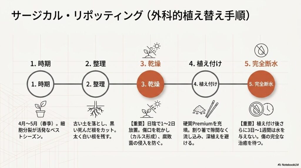 アガベの根の整理から乾燥、植え付け、完全断水までの外科的植え替え手順を解説する図