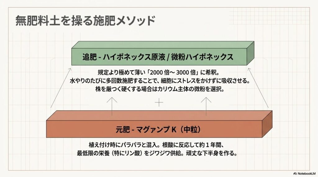 元肥のマグァンプKと追肥の液肥を用いた無肥料土を操る施肥メソッドの図