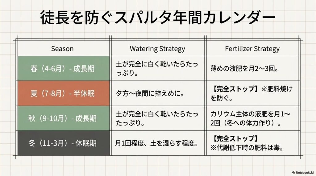 季節ごとの水やりと肥料の与え方をまとめた徒長を防ぐためのスパルタ年間カレンダー