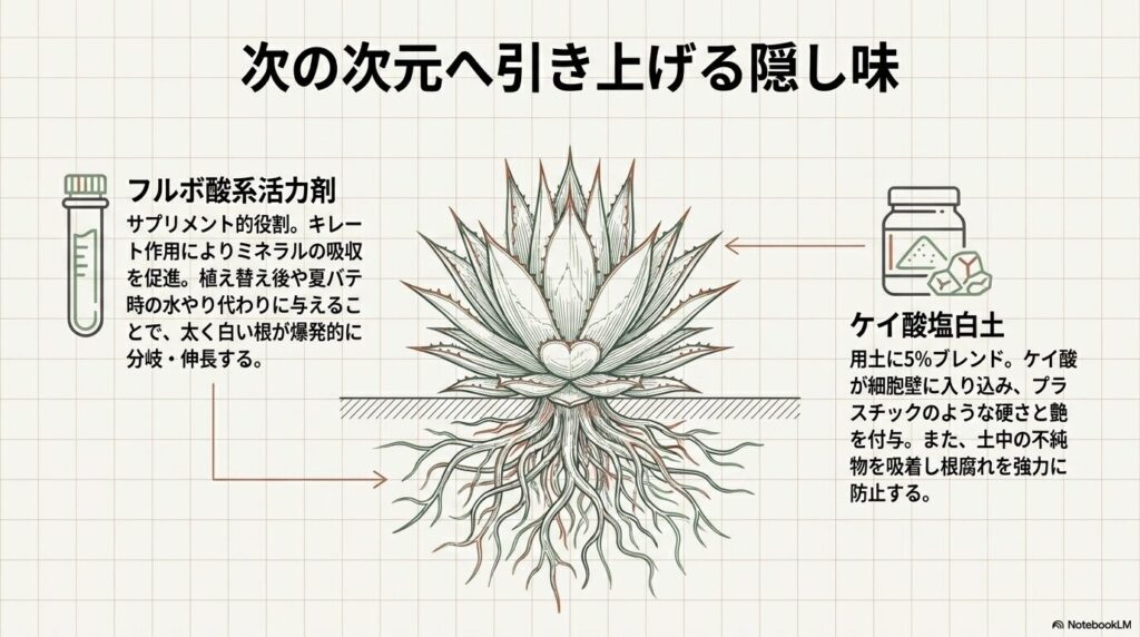 フルボ酸系活力剤とケイ酸塩白土を用いてアガベの根張りを促進させるメカニズム図