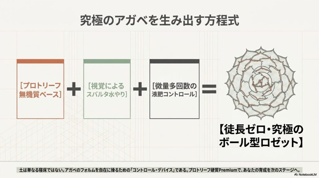 美しくボール型に作り込まれた究極のアガベを生み出す方程式のイラスト