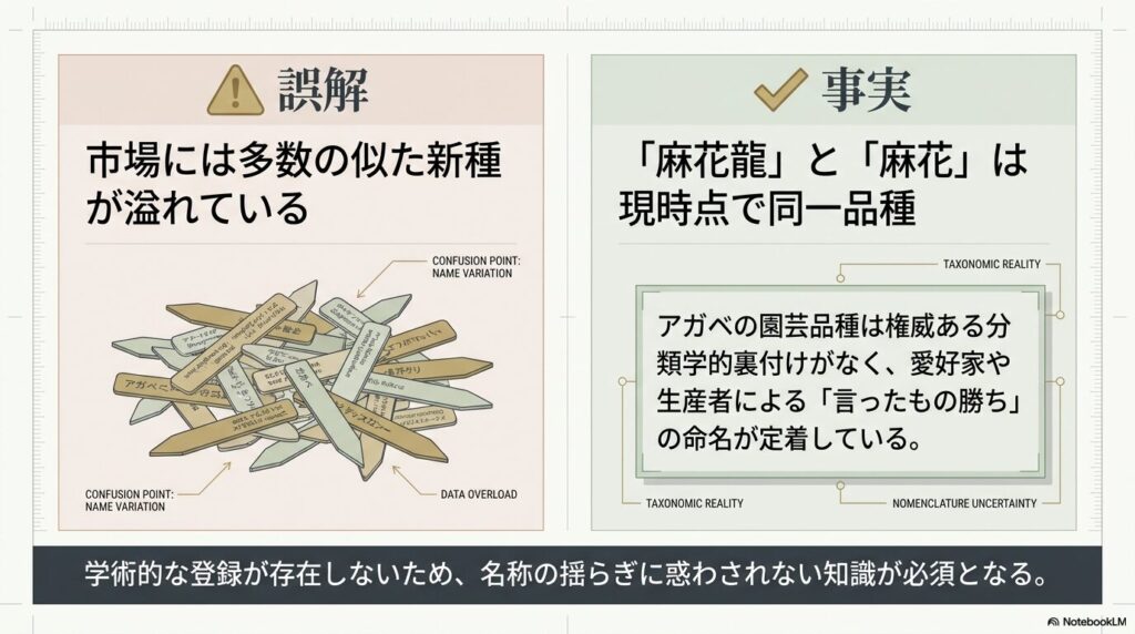 アガベの麻花龍と麻花は現時点で同一品種であることを示す図解