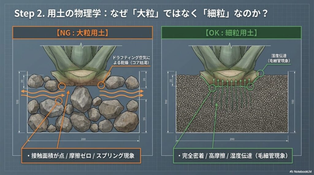 大粒用土と細粒用土におけるアガベ株元の接触面積と毛細管現象の比較