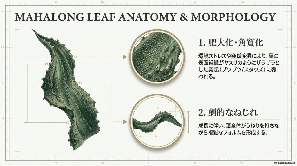 アガベ麻花龍の形態的特徴である葉の肥大化・角質化（スタッズ）と劇的なねじれ