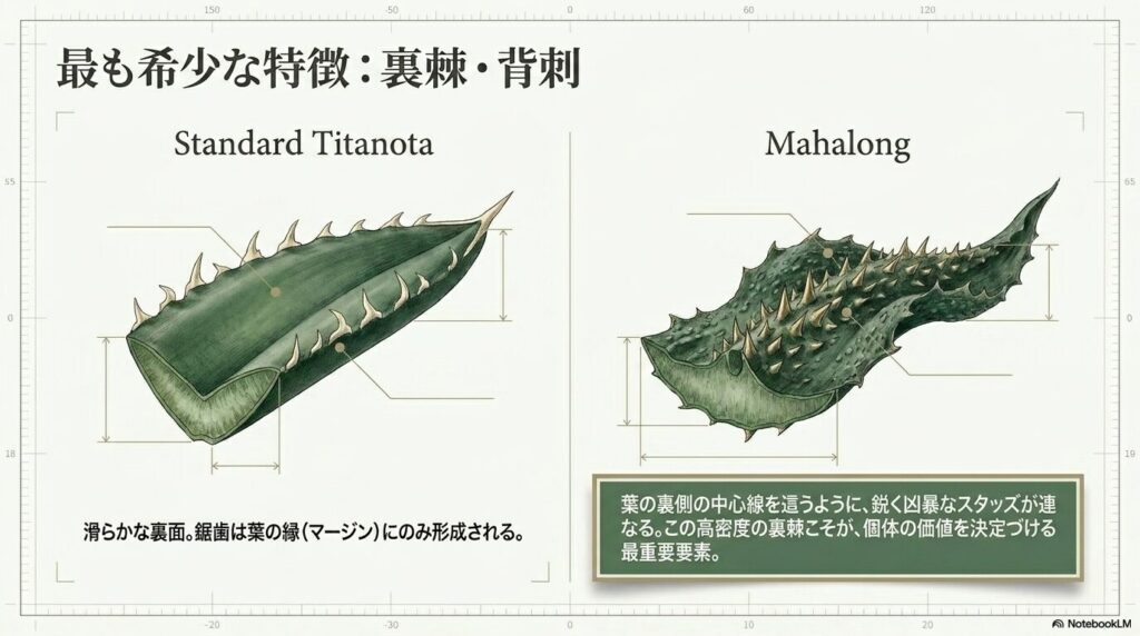 アガベ麻花龍の最も希少な特徴である高密度の裏棘（背刺）の図解