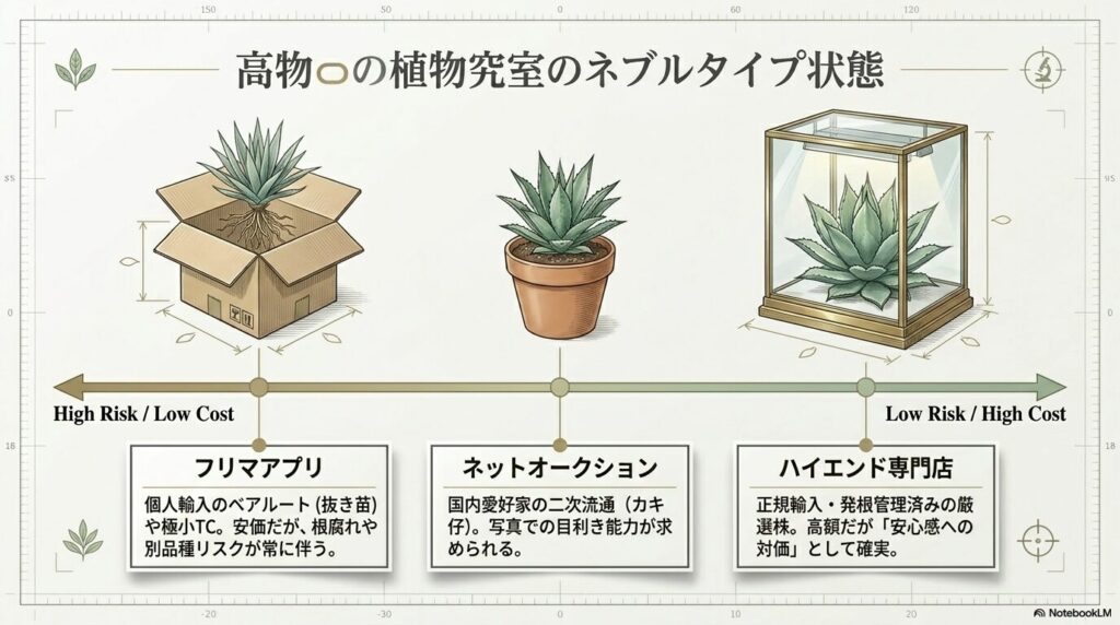 フリマアプリとハイエンド専門店におけるアガベ麻花龍の流通リスクとコストの比較