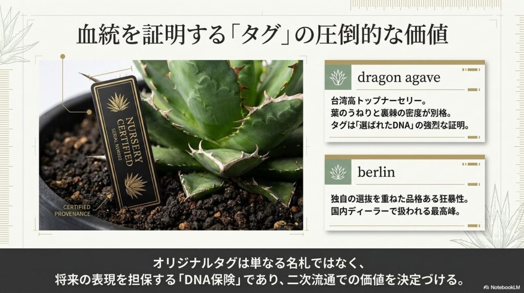 アガベの血統を証明する台湾有名ナーセリー（dragon agave、berlin）のオリジナルタグ