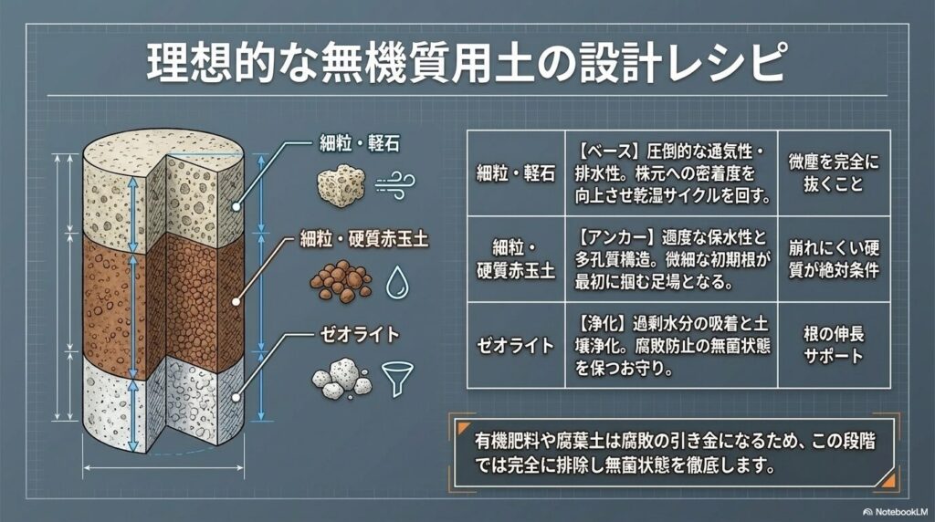 根管理に最適な細粒軽石、硬質赤玉土、ゼオライトを配合した無機質用土のレシピ