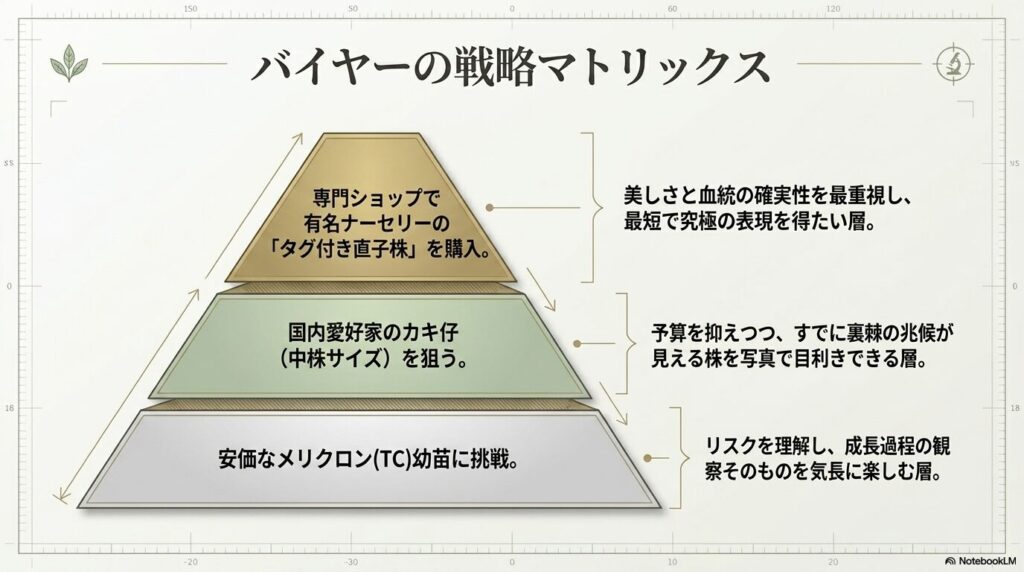 アガベ麻花龍を購入するバイヤーの予算と目的に応じた戦略マトリックス図