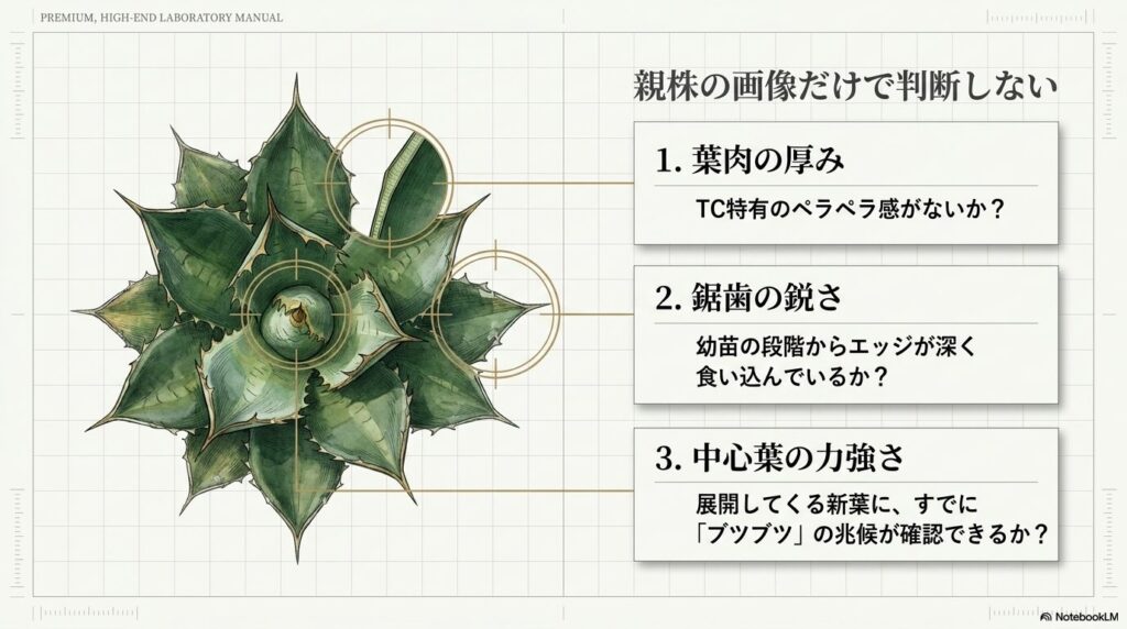 アガベ特選株を見極めるポイント。葉肉の厚み、鋸歯の鋭さ、中心葉の力強さの確認箇所