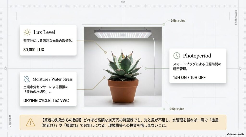 照度計、土壌水分センサー、スマートプラグを用いたアガベのIoT環境制御