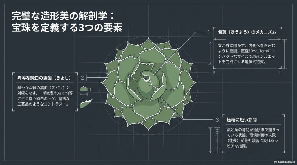 アガベ宝珠の造形美を定義する包葉メカニズム・純白の鋸歯・短い節間の解説図