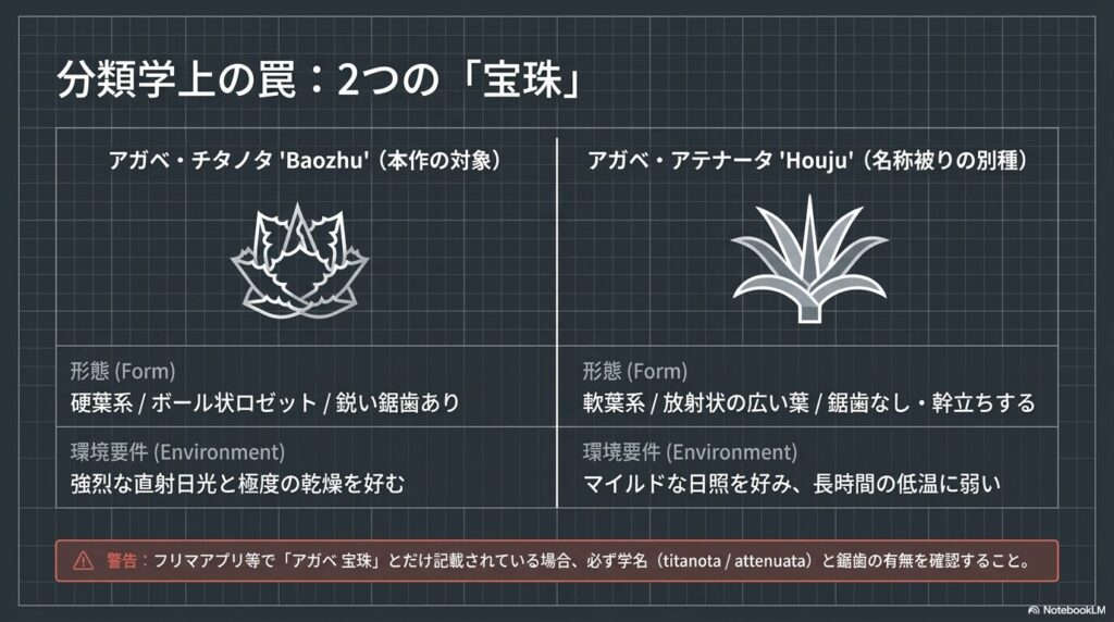 アガベ・チタノタ宝珠（Baozhu）とアガベ・アテナータ宝珠（Houju）の比較図