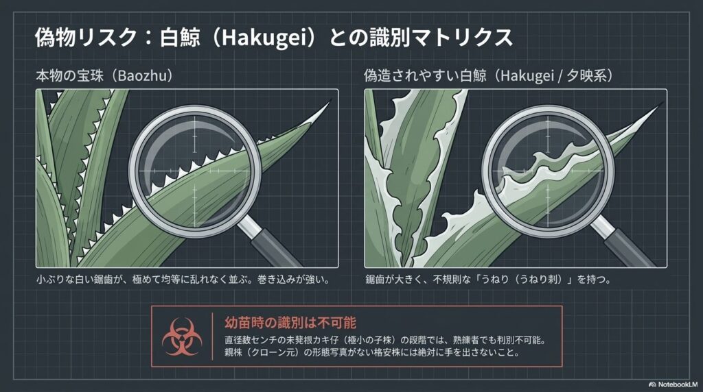 アガベ宝珠と白鯨（夕映系）の鋸歯の形状比較と真贋判定マトリクス