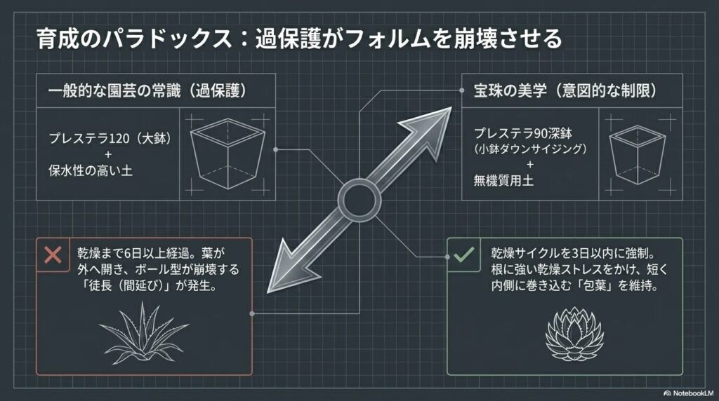 アガベ宝珠の鉢サイズと土質によるフォルムの変化（徒長とボール型維持の比較）