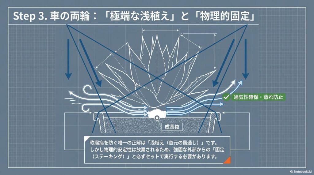 成長核のみを接地させる極端な浅植えと、外部からの物理的固定による通気性確保
