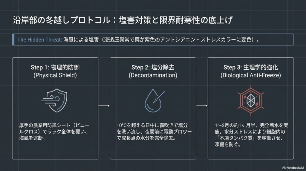 沿岸部のアガベ冬越しプロトコル（塩害対策と完全断水による耐寒性向上）