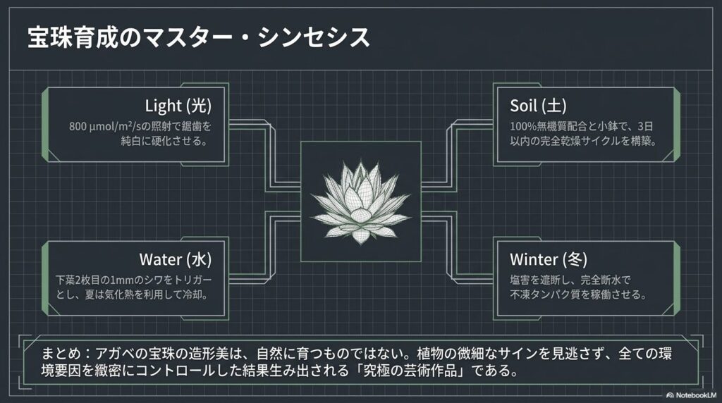 アガベ宝珠育成のマスター・シンセシス（光・土・水・冬の管理要約）