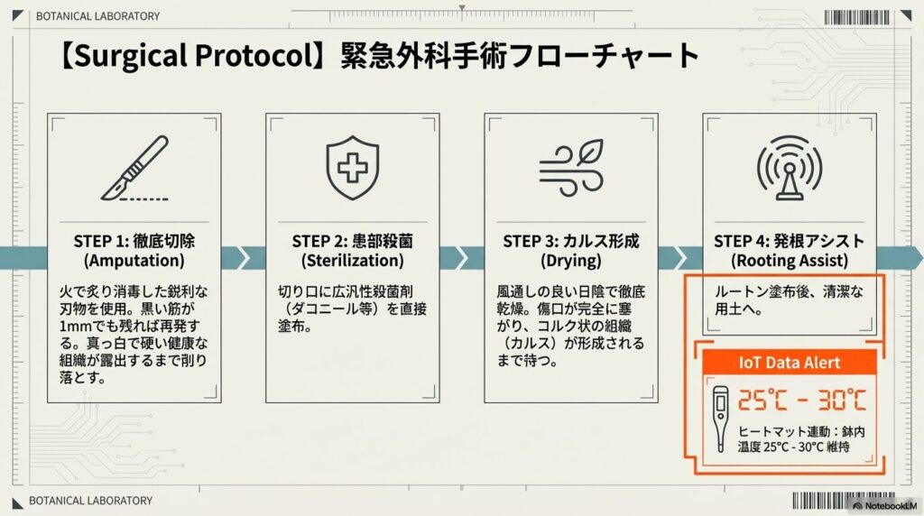 アガベの株元が腐敗した際に行う、徹底切除から患部殺菌、乾燥、発根アシストまでの緊急外科手術フロー