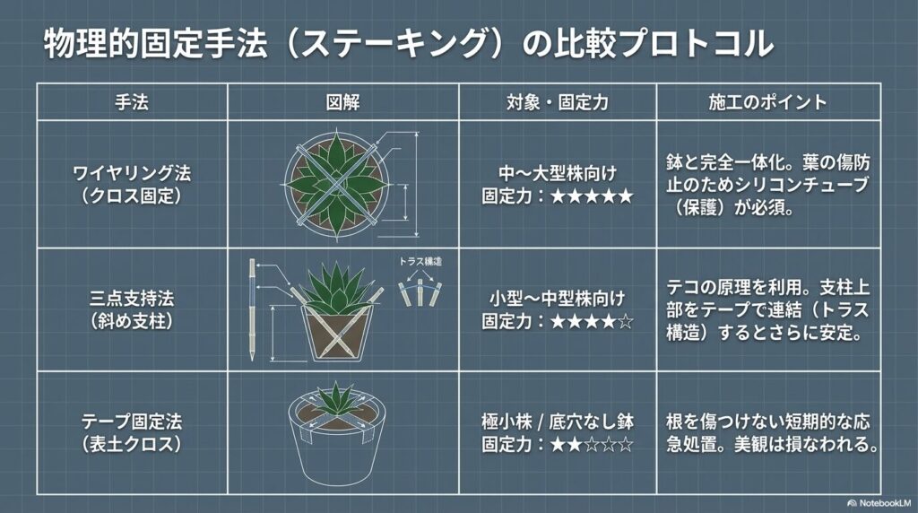 アガベを固定するワイヤリング法、三点支持法、テープ固定法の比較図解