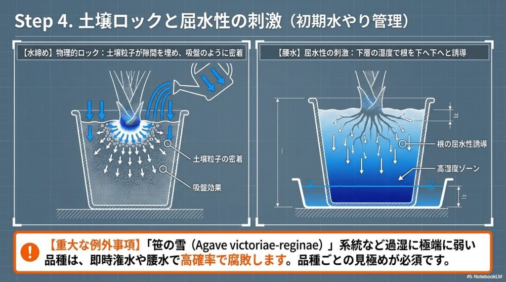 水締めによる土壌粒子のロック効果と、腰水による根の屈水性誘導メカニズム