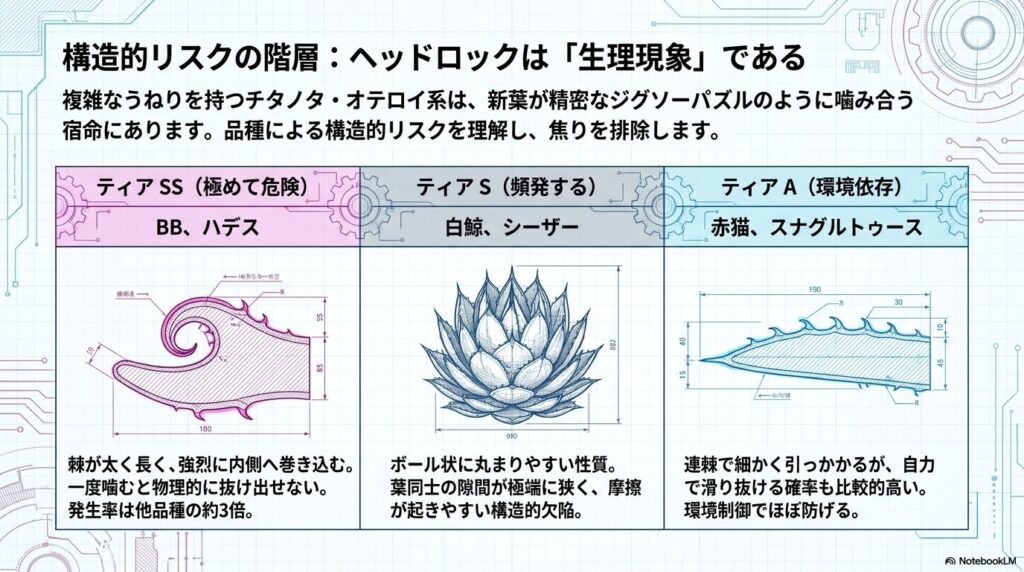 アガベ・チタノタ系の鋸歯の構造的リスクと発生ティア表