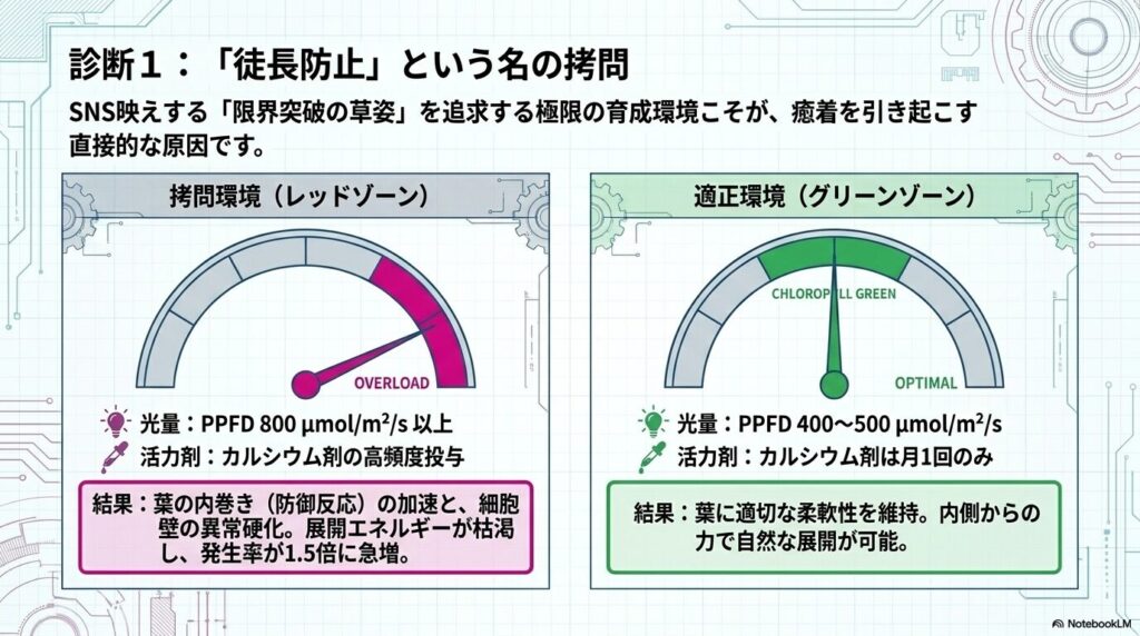 徒長防止の極限育成環境を示すオーバーロードメーター