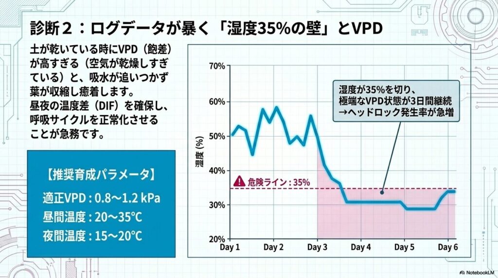 湿度が35%を下回る危険ラインを示したログデータのグラフ
