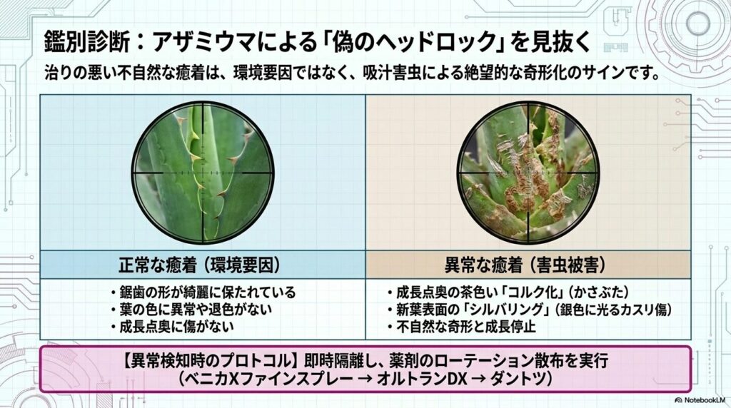 マクロレンズで捉えたアザミウマによる葉の異常な癒着とコルク化
