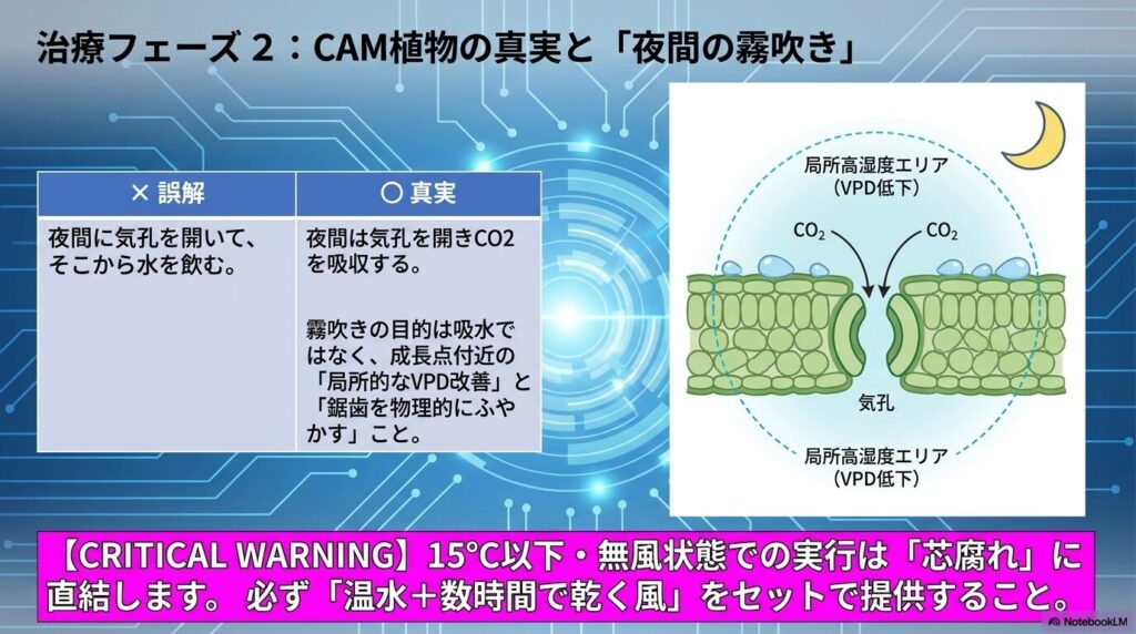 夜間に気孔を開くCAM植物の特性と局所高湿度エリアの図解