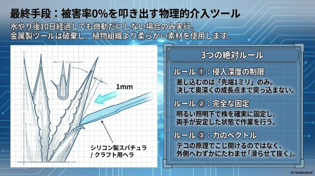 シリコン製スパチュラを先端1ミリだけ差し込む解除手法の図解
