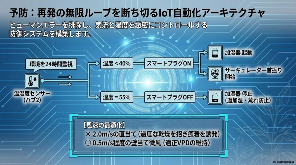 スマートプラグと温湿度センサーを用いたIoT自動化アーキテクチャの構成図