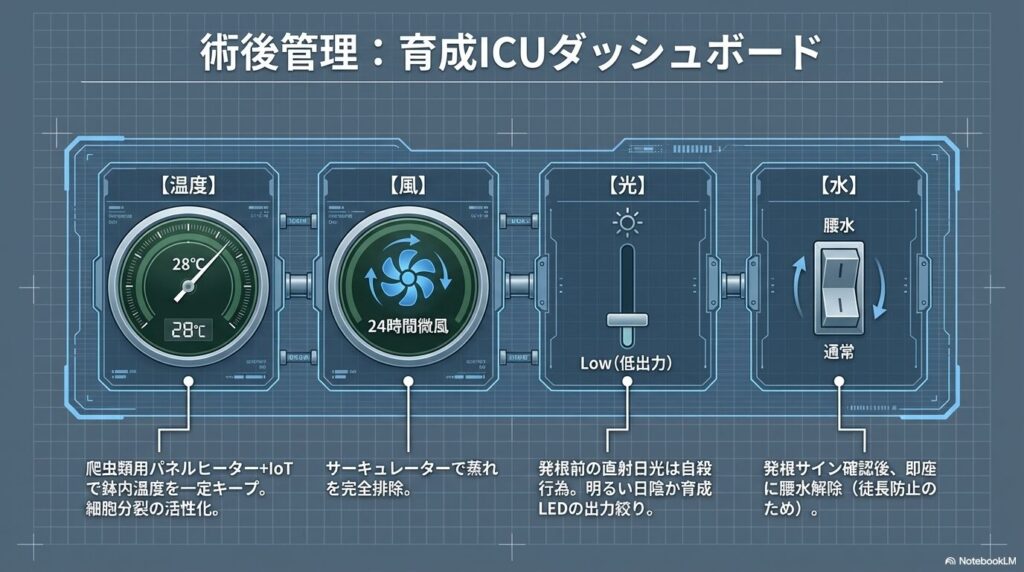 温度28度、24時間微風、低出力LED、腰水を組み合わせたアガベの育成ICU環境
